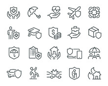Insurance Icons Set. Such As Health Insurance, Property Insurance And Financial Risk And Others. Editable Vector Stroke.