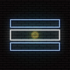 Neon sign in the form of the flag of Argentina. Against the background of a brick wall with a shadow. For the design of tourist or patriotic themes. South America