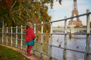 Wall Mural - Adorable toddler girl playing in autumn park