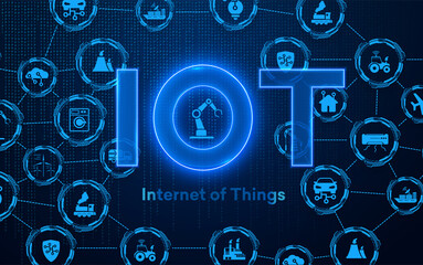 Fototapete - Internet of things (IoT) and networking concept for connected devices. Spider web of network connections with on a futuristic blue background. Innovation sign. Digital design concept. IoT hologram