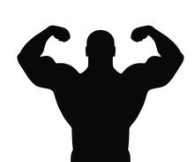 Muscular Bodybuilder Vector Silhouette Illustration Isolated On White Background. Sport Man Strong Arms. Body Builder Athlete Showing Muscles.