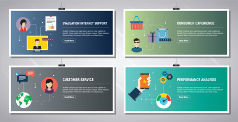 Web banners template in vector with icons of evaluation internet support, consumer experience, customer service and performance analysis. Flat design icons in vector illustration.