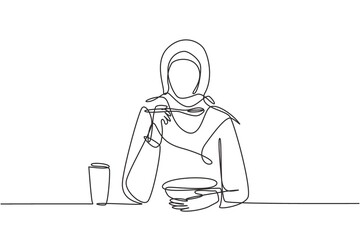 Wall Mural - Continuous one line drawing young Arabian woman having cereal meal with milk and spoon. Enjoy breakfast at home. Delicious and healthy food concept. Single line draw design vector graphic illustration