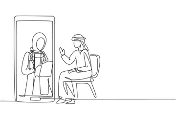 Wall Mural - Single one line drawing hijab female doctor holding clipboard checking condition of Arabian male patient sitting on chair. Online consultation. Continuous line draw design graphic vector illustration