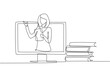 © Simple Line - Single continuous line drawing female teacher is teaching, half of her body is out of laptop screen and beside her is pile of books. internet class. One line draw graphic design vector illustration