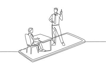 Poster - Continuous one line drawing male teacher teaching male junior high school student who sits on bench around desk and studies on smartphone. Single line draw design vector graphic illustration