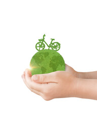 Canvas Print - hand holding grass globe earth with green bicycle isolated on white background. environment day conc