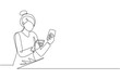 © Simple Line - Single one line drawing young man typing entering credit card code on smartphone. Online store, e-commerce, digital payment concept. Modern continuous line draw design graphic vector illustration