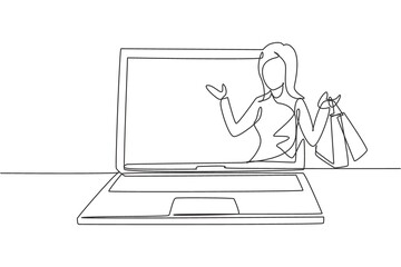 Single one line drawing young woman coming out of laptop screen holding shopping bags. Sale, digital lifestyle and consumerism concept. Modern continuous line draw design graphic vector illustration