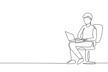 Single one line drawing young guy with laptop sitting on the chair. Freelance, distance learning, online courses, and studying concept. Modern continuous line draw design graphic vector illustration