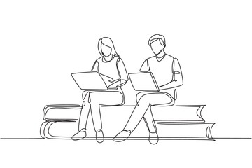 single one line drawing couple with laptop sitting on pile of books together. freelance, distance le