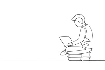 Single continuous line drawing young male studying with laptop and sitting on pile of books. Back to school, intelligent student, online education. One line draw graphic design vector illustration