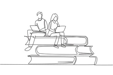 Wall Mural - Continuous one line drawing couple with laptop sitting on pile of books together. Freelance, distance learning, online courses, studying concept. Single line draw design vector graphic illustration