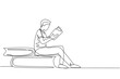 Continuous one line drawing young man reading, learning and sitting on big books. Study in library. Literature fans or lovers, education concept. Single line draw design vector graphic illustration