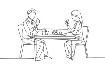 Wall Mural - Single one line drawing young couple husband and wife having meal around table. Celebrate wedding anniversary with romantic dinner. Modern continuous line draw design graphic vector illustration