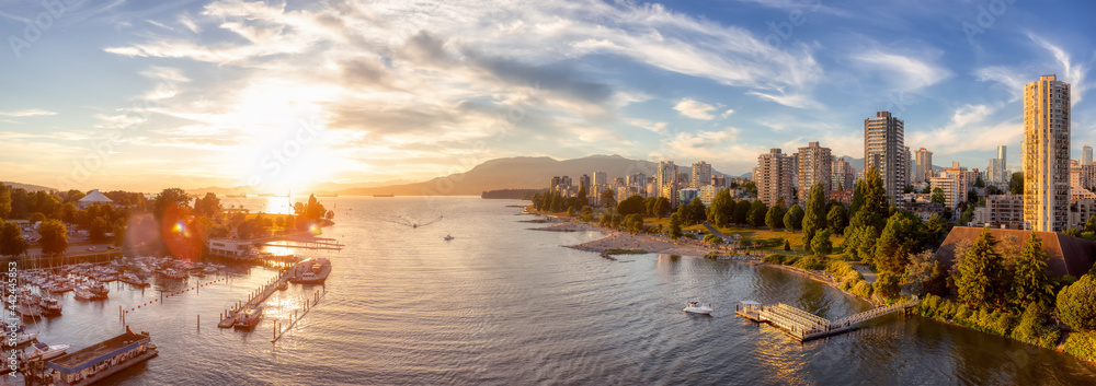 Aerial Panoramic View of Modern City with a beach on the West Coast Pacific Ocean. Sunny Summer Sunset. False Creek, Downtown Vancouver, British Columbia, Canada. - obrazy, fototapety, plakaty 