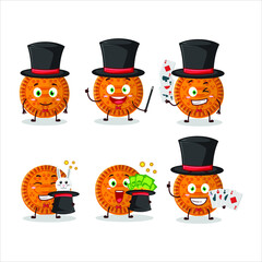 Poster - A orange biscuit Magician cartoon character perform on a stage. Vector illustration