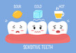 Sensitive teeth cartoon character with sour lemon, cold ice and hot drink in flat design. Tooth sensitivity symptom concept.