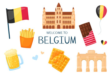 Cute set of vector illustrations on the theme of Belgium. Collection of national symbols in cartoon style. Clipart with traditional elements of architecture, cuisine. Isolirvan on a white background.
