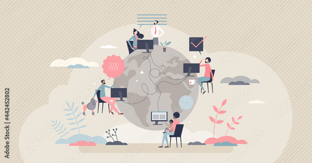 Remote work with distant employee network in internet tiny person concept. Company virtual meeting, information exchange or data sharing with working from home vector illustration. Flexible workplace. - obrazy, fototapety, plakaty 