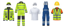 Professional Uniform. Realistic Work Wear With Helmet And Reflective Protective Stripes. Isolated Coveralls And Headgears, T-shirt Or Vest. Garment For Repairman. Vector Clothes Set