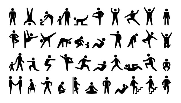 Wall Mural - People black icons. Stickman persons. Human actions. Men and women in various poses. Minimal pose silhouettes set. Male and female training. Mother walking with kid. Vector pictograms