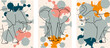 Collection of artistic linear vector illustrations: sketch of wildlife in the form of elephants on a background of blots (spots)