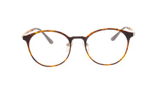 Front Of A Pair Of Brown And Golden Colour, Classic Style Prescription Glasses With Clear Transparent Lens. Display On White Isolate Background