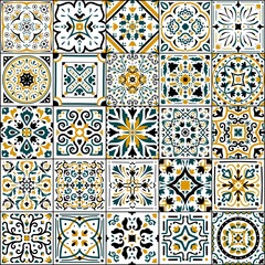 Azulejo tile. Spanish and Portugal national patchwork. Ornamental flower pattern. Antique arabesque cover. Traditional mosaic background with floral elements. Vector oriental flooring