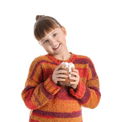 Sticker - Little girl with cup of hot cocoa on white background