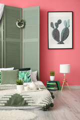 Poster - Interior of stylish bedroom with folding screen