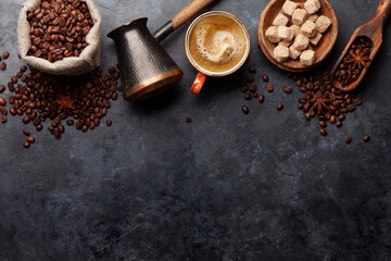 Wall Mural - Roasted coffee beans, Turkish jezve, coffee cup and sugar