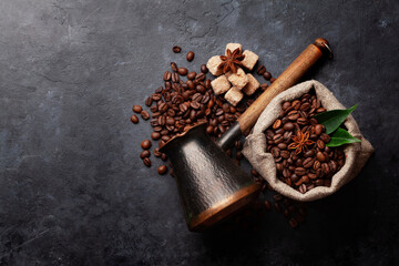 Wall Mural - Roasted coffee beans and Turkish jezve