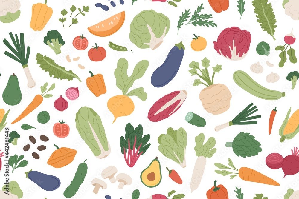 Seamless vegetarian pattern with healthy vegetables and fresh green food on white background. Repeatable texture design with different organic veggies for printing. Colored flat vector illustration - obrazy, fototapety, plakaty 