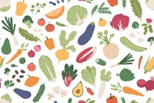 Seamless Vegetarian Pattern With Healthy Vegetables And Fresh Green Food On White Background. Repeatable Texture Design With Different Organic Veggies For Printing. Colored Flat Vector Illustration