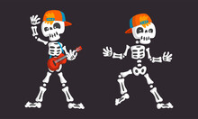 Bony Skeleton Character Waving Limb And Playing Guitar Vector Set