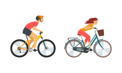 Poster - Young Man and Woman Riding Bicycle Enjoying Vacation or Weekend Activity Vector Set