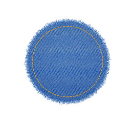 denim circle shape with stitches. torn jean patch with seam. vector realistic illustration on white 