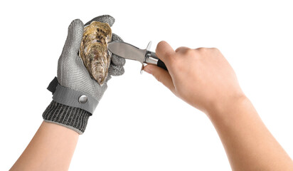 Man opening oyster with knife on white background, closeup