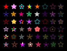 Colored Isolated On A Black Background Star Shapes Vector Icon Set. Large Bundle Of Five-pointed Star Decorative Symbols. 