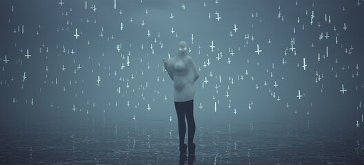 Wall Mural - White Female Ghost Latex Demon Japanese Spirit Woman in White Standing in Water Waving and Floating Crosses all Around Her Overcast Foggy Day 3d Illustration Render	