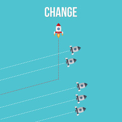 Different Approach - Different Direction. Group of rockets flying in one direction and with one individual flying in the different way, can be used leadership/individuality concepts.	