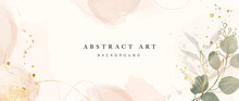 Abstract Art Background Vector. Luxury Minimal Style Wallpaper With Golden Line Art Flower And Botanical Leaves, Organic Shapes, Watercolor. Vector Background For Banner, Poster, Web And Packaging.