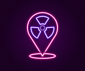 Glowing neon line Radioactive in location icon isolated on black background. Radioactive toxic symbol. Radiation Hazard sign. Colorful outline concept. Vector