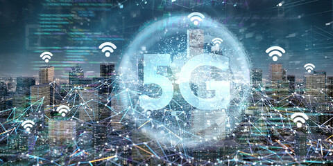 Wall Mural - smart city with 5g network and communication connection - 3d rendering