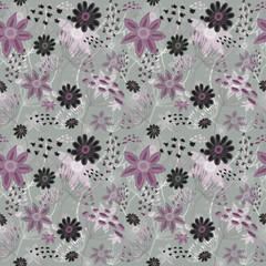  Seamless floral pattern, drawing with pastels, twigs, flowers and berries.