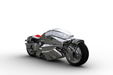 3D Illustration Of A Futuristic Cyberpunk Style Silver Motorcycle Isolated On A White Background.