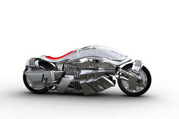 side view 3d illustration of a futuristic cyberpunk style silver motorcycle isolated on a white back