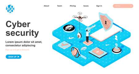 Wall Mural - Cyber security isometric concept. Protection of personal data on Internet, password for access, fingerprint scanner, line flat isometry web banner. Vector illustration in 3d design for landing page