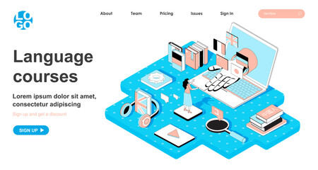 Aufkleber - Language course isometric concept. Student learns foreign language, learns from video and webinars, online education, line flat isometry web banner. Vector illustration in 3d design for landing page